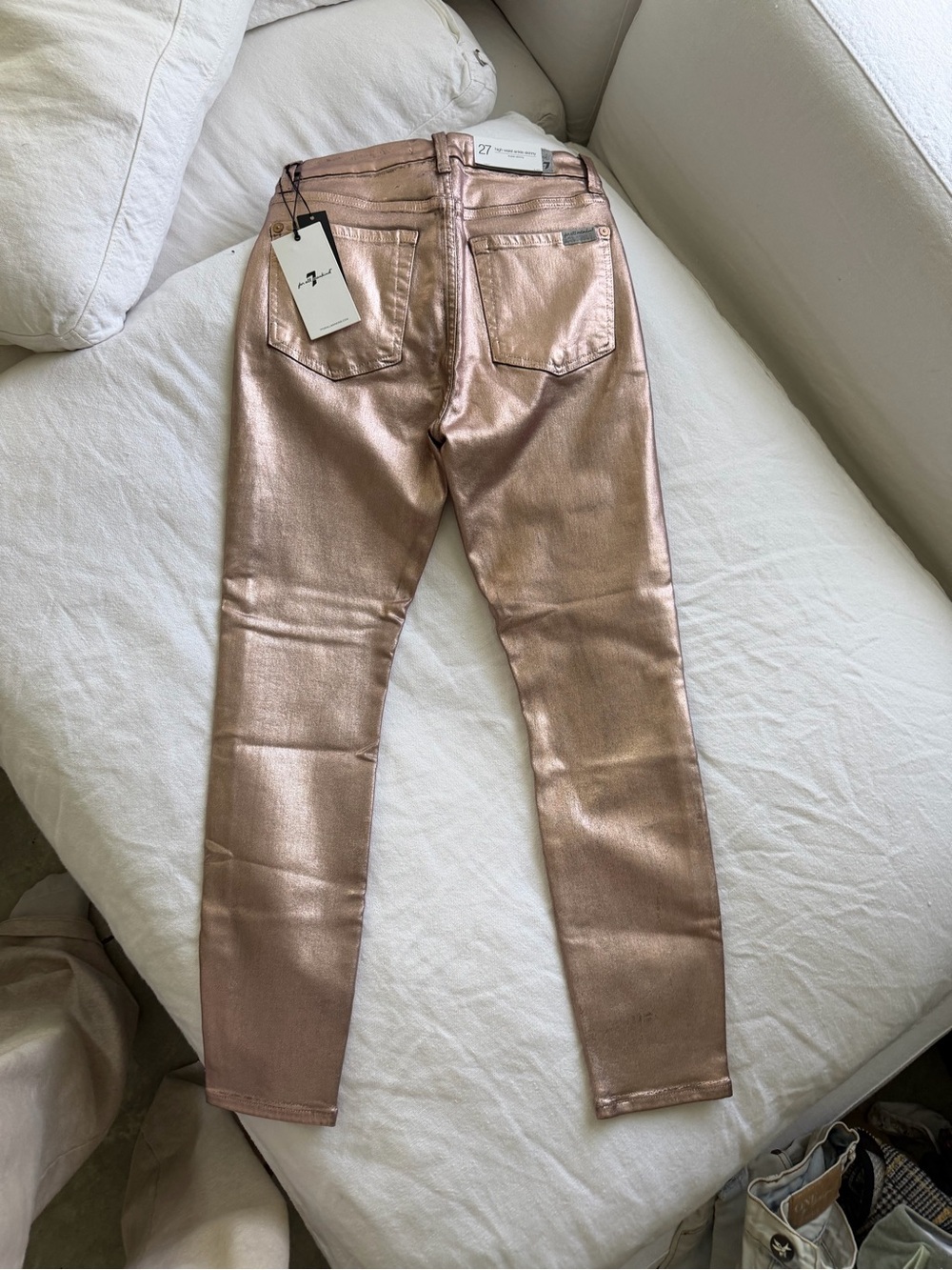 7 For all of mankind Metallic Rose Gold Women's Skinny Jeans - Picture 1 of 4